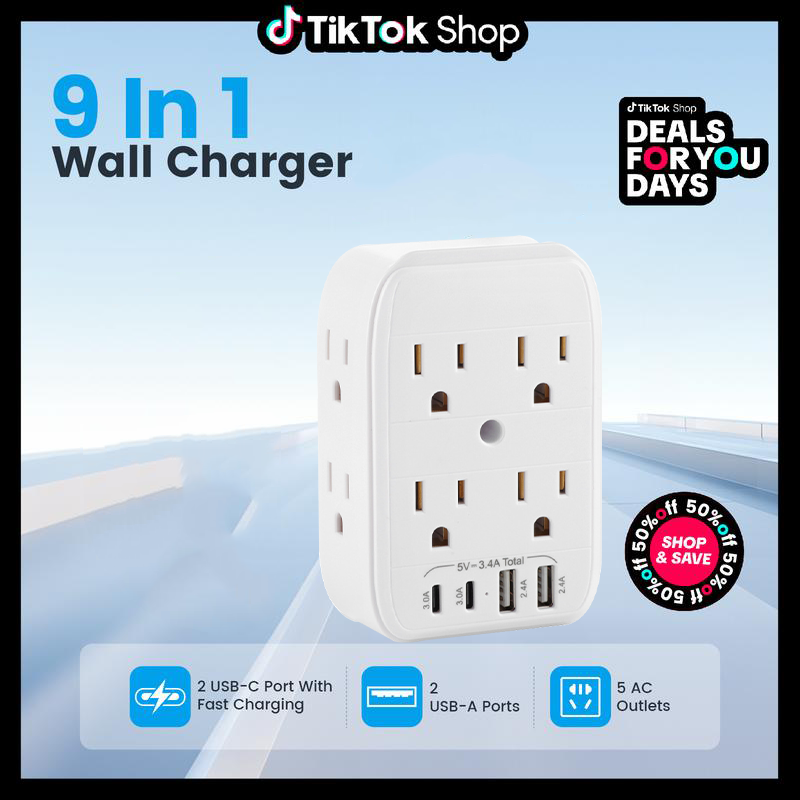 ELEWI ™ Product upgrade🔥9-in-1 Wall Outlet Extender with Surge Protection – 6 AC Plugs + 4 USB Ports (2 USB-C, 2 USB-A), ETL Certified, Smart Charging, No-Drill Install