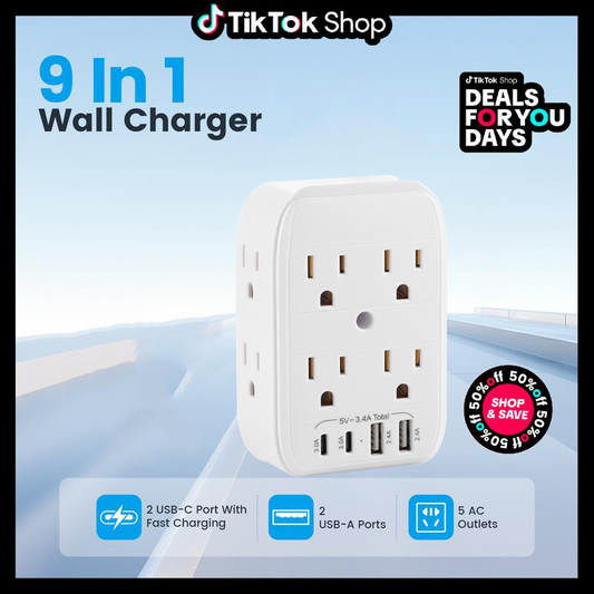 ELEWI ™ Product upgrade🔥9-in-1 Wall Outlet Extender with Surge Protection – 6 AC Plugs + 4 USB Ports (2 USB-C, 2 USB-A), ETL Certified, Smart Charging, No-Drill Install
