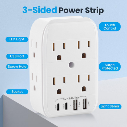 ELEWI ™ Product upgrade🔥9-in-1 Wall Outlet Extender with Surge Protection – 6 AC Plugs + 4 USB Ports (2 USB-C, 2 USB-A), ETL Certified, Smart Charging, No-Drill Install