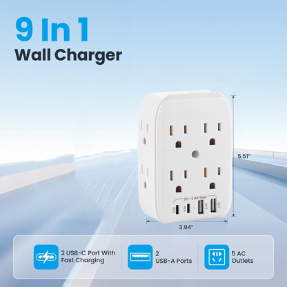 ELEWI ™ Product upgrade🔥9-in-1 Wall Outlet Extender with Surge Protection – 6 AC Plugs + 4 USB Ports (2 USB-C, 2 USB-A), ETL Certified, Smart Charging, No-Drill Install