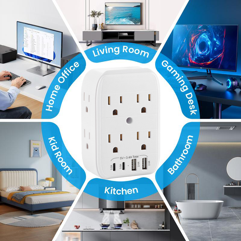 ELEWI ™ Product upgrade🔥9-in-1 Wall Outlet Extender with Surge Protection – 6 AC Plugs + 4 USB Ports (2 USB-C, 2 USB-A), ETL Certified, Smart Charging, No-Drill Install